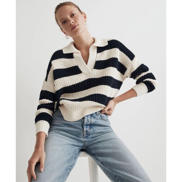 Madewell Sweaters - Madewell Waffle-Knit Henley Sweater Blue Ivory Stripe-sz Small
